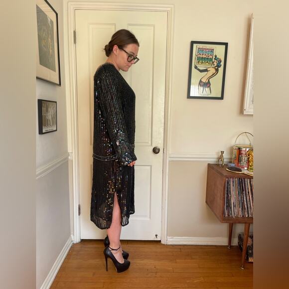 80s Deco Sequined Drop Waist Dress - Picture 2 of 9